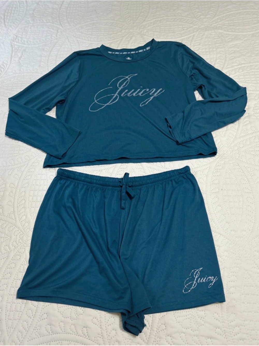 Juicy Couture Women’s Teal Long-Sleeve Crop Top & Drawstring Shorts Set Size XL